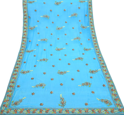Indian Vintage Blue Dupatta Long Stole Pure Georgette Silk Hand Embroidered Scarves Veil Hijab Floral Zari