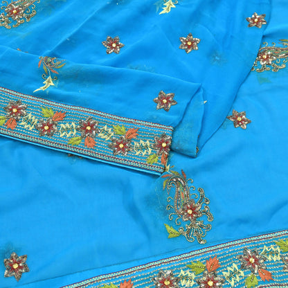 Indian Vintage Blue Dupatta Long Stole Pure Georgette Silk Hand Embroidered Scarves Veil Hijab Floral Zari