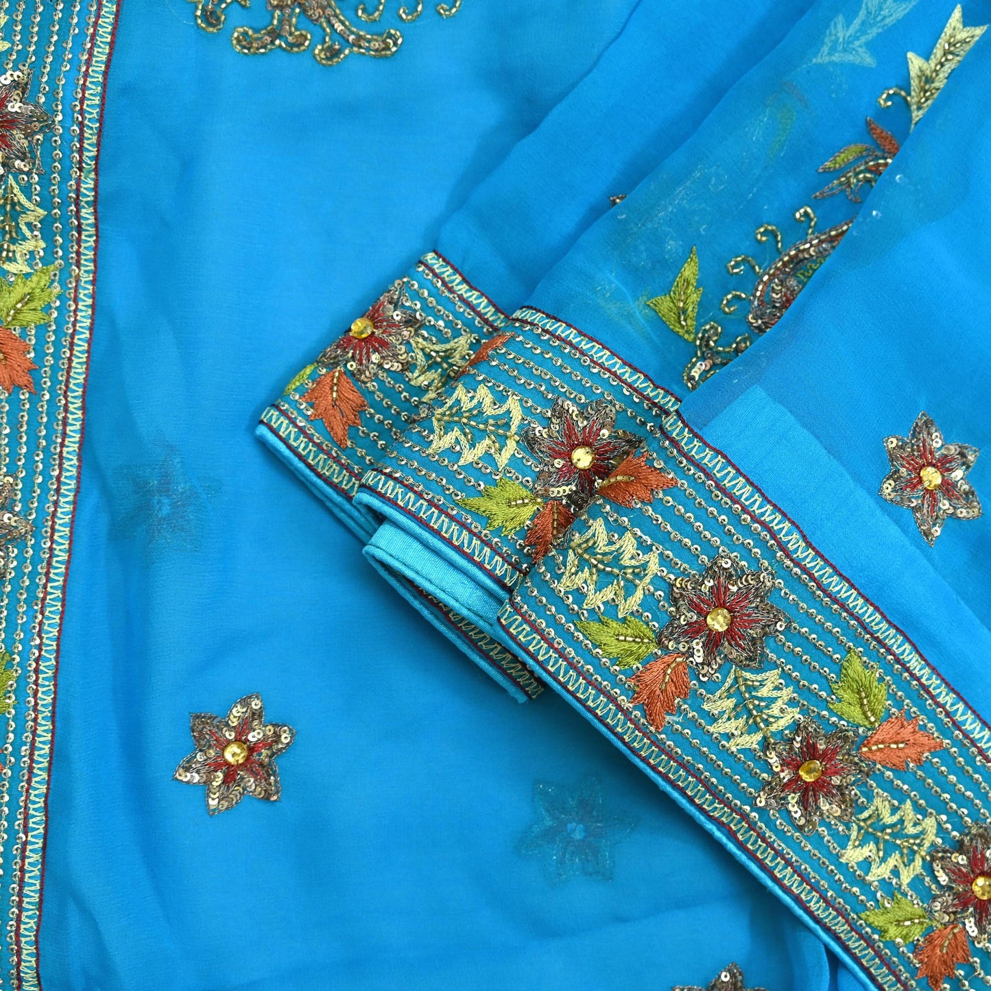 Indian Vintage Blue Dupatta Long Stole Pure Georgette Silk Hand Embroidered Scarves Veil Hijab Floral Zari
