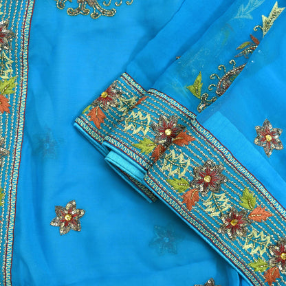 Indian Vintage Blue Dupatta Long Stole Pure Georgette Silk Hand Embroidered Scarves Veil Hijab Floral Zari