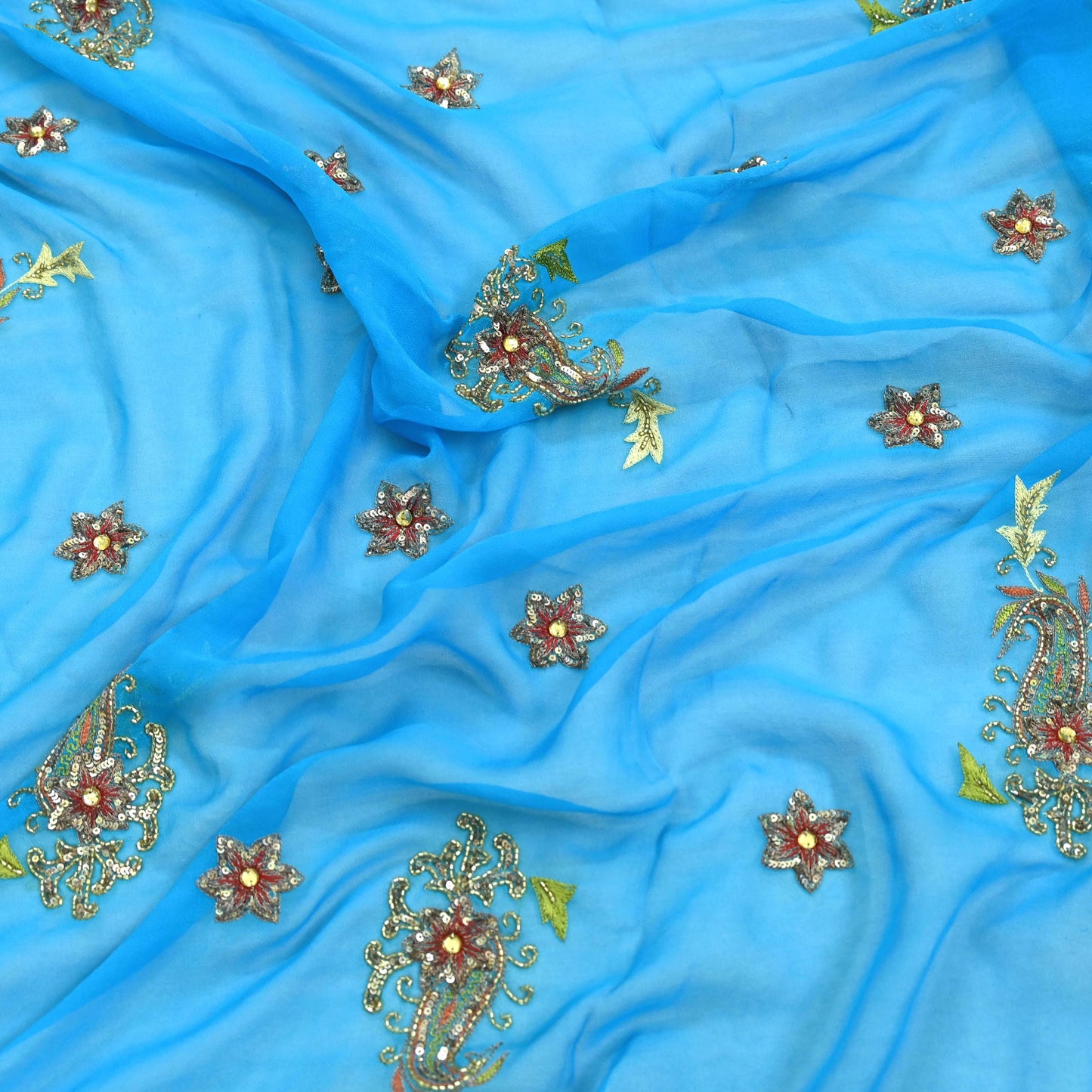 Indian Vintage Blue Dupatta Long Stole Pure Georgette Silk Hand Embroidered Scarves Veil Hijab Floral Zari