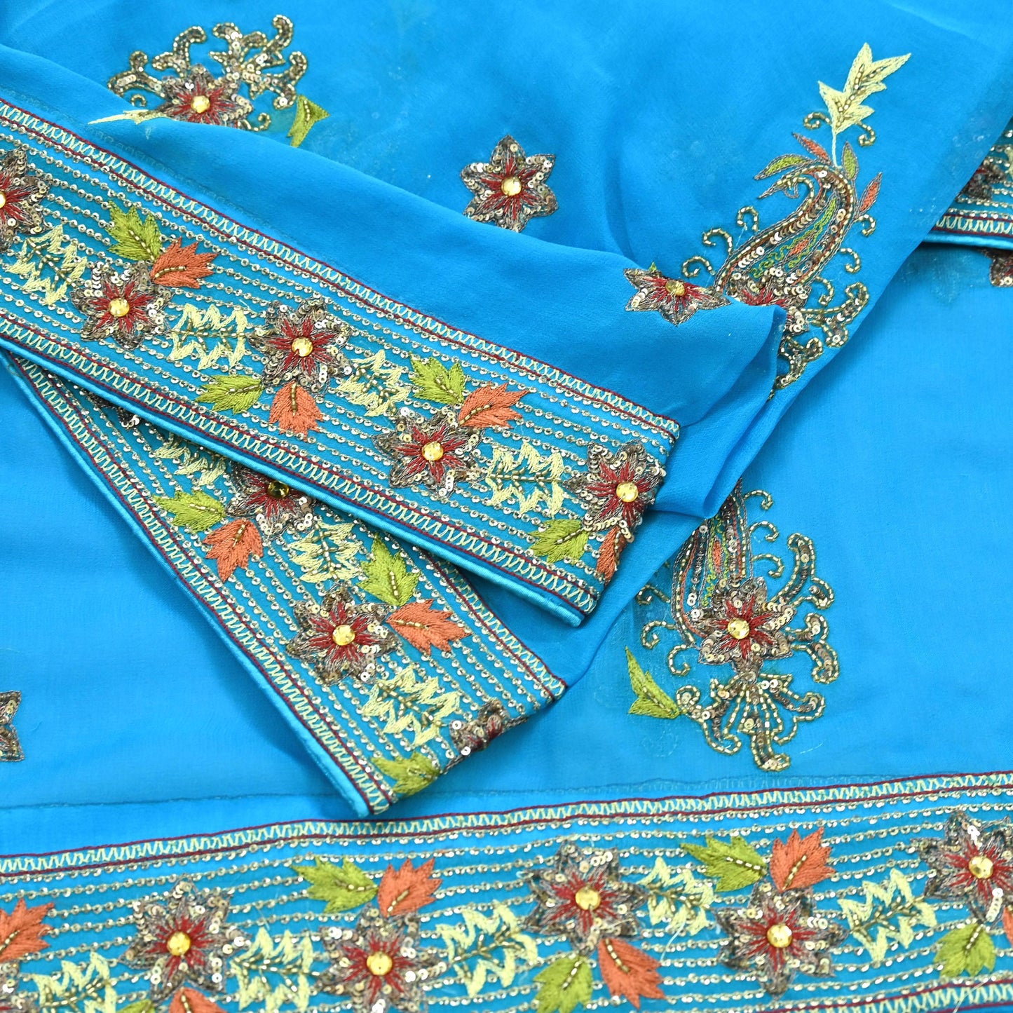 Indian Vintage Blue Dupatta Long Stole Pure Georgette Silk Hand Embroidered Scarves Veil Hijab Floral Zari