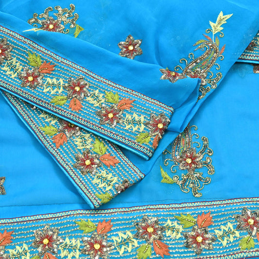 Indian Vintage Blue Dupatta Long Stole Pure Georgette Silk Hand Embroidered Scarves Veil Hijab Floral Zari