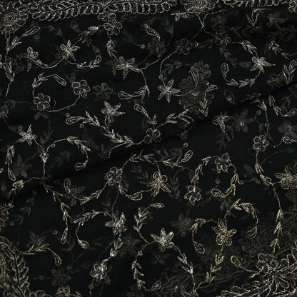 Indian Vintage Black Dupatta Pure Chiffon silk Long Stole Hand Embroidered Scarves Floral Design Stole Veil Wrap Zari Zardozi