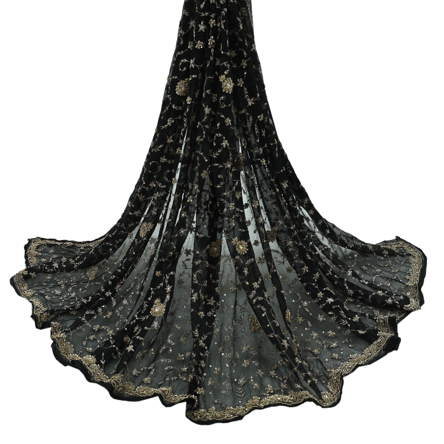 Indian Vintage Black Dupatta Pure Chiffon silk Long Stole Hand Embroidered Scarves Floral Design Stole Veil Wrap Zari Zardozi