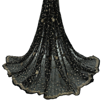 Indian Vintage Black Dupatta Pure Chiffon silk Long Stole Hand Embroidered Scarves Floral Design Stole Veil Wrap Zari Zardozi