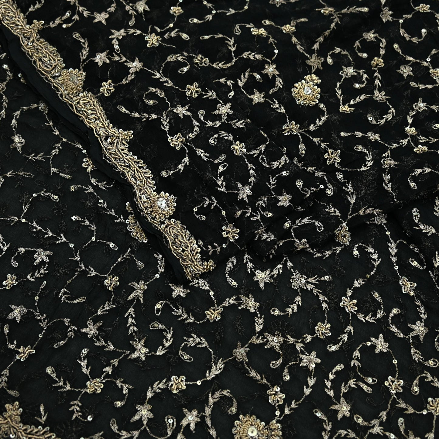Indian Vintage Black Dupatta Pure Chiffon silk Long Stole Hand Embroidered Scarves Floral Design Stole Veil Wrap Zari Zardozi