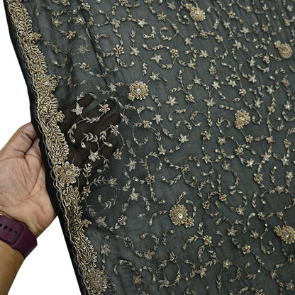Indian Vintage Black Dupatta Pure Chiffon silk Long Stole Hand Embroidered Scarves Floral Design Stole Veil Wrap Zari Zardozi