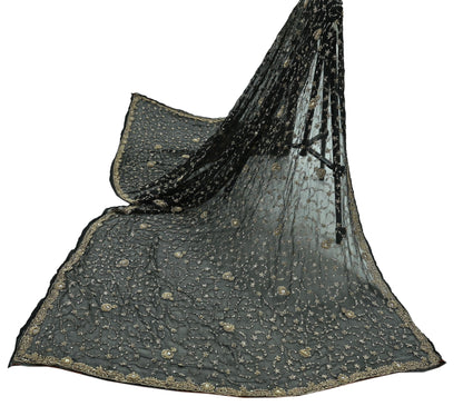 Indian Vintage Black Dupatta Pure Chiffon silk Long Stole Hand Embroidered Scarves Floral Design Stole Veil Wrap Zari Zardozi