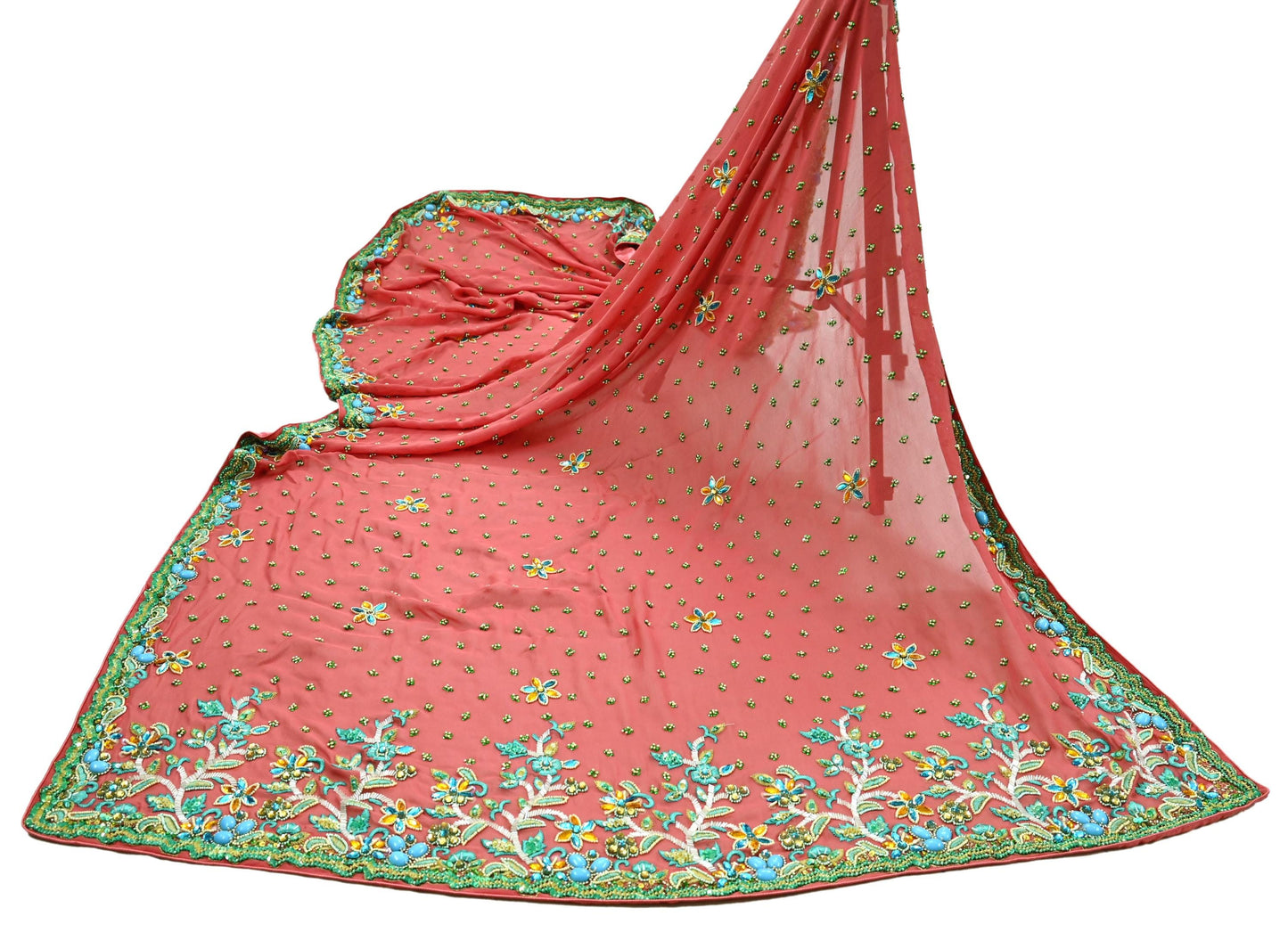 Indian Vintage Heavy Bridal Peach Dupatta Pure Georgette Silk Long Stole Hand Embroidered Scarf Zardozi/Dabka Wedding red Hijab veil Boho