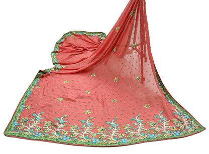 Indian Vintage Heavy Bridal Peach Dupatta Pure Georgette Silk Long Stole Hand Embroidered Scarf Zardozi/Dabka Wedding red Hijab veil Boho