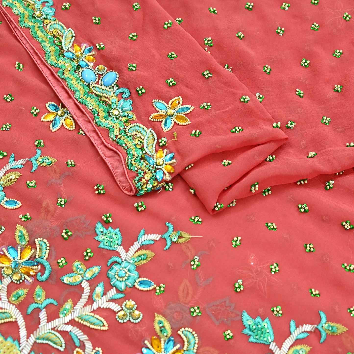 Indian Vintage Heavy Bridal Peach Dupatta Pure Georgette Silk Long Stole Hand Embroidered Scarf Zardozi/Dabka Wedding red Hijab veil Boho
