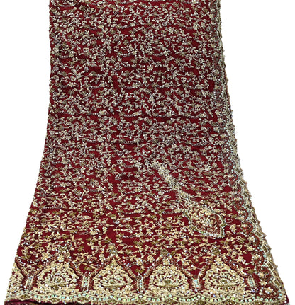 Indian Vintage Heavy Wedding Maroon Dupatta Net Mesh Long Stole Hand Embroidered Scarves Golden Zardozi Zari Sequins Dridal Veil Hijab