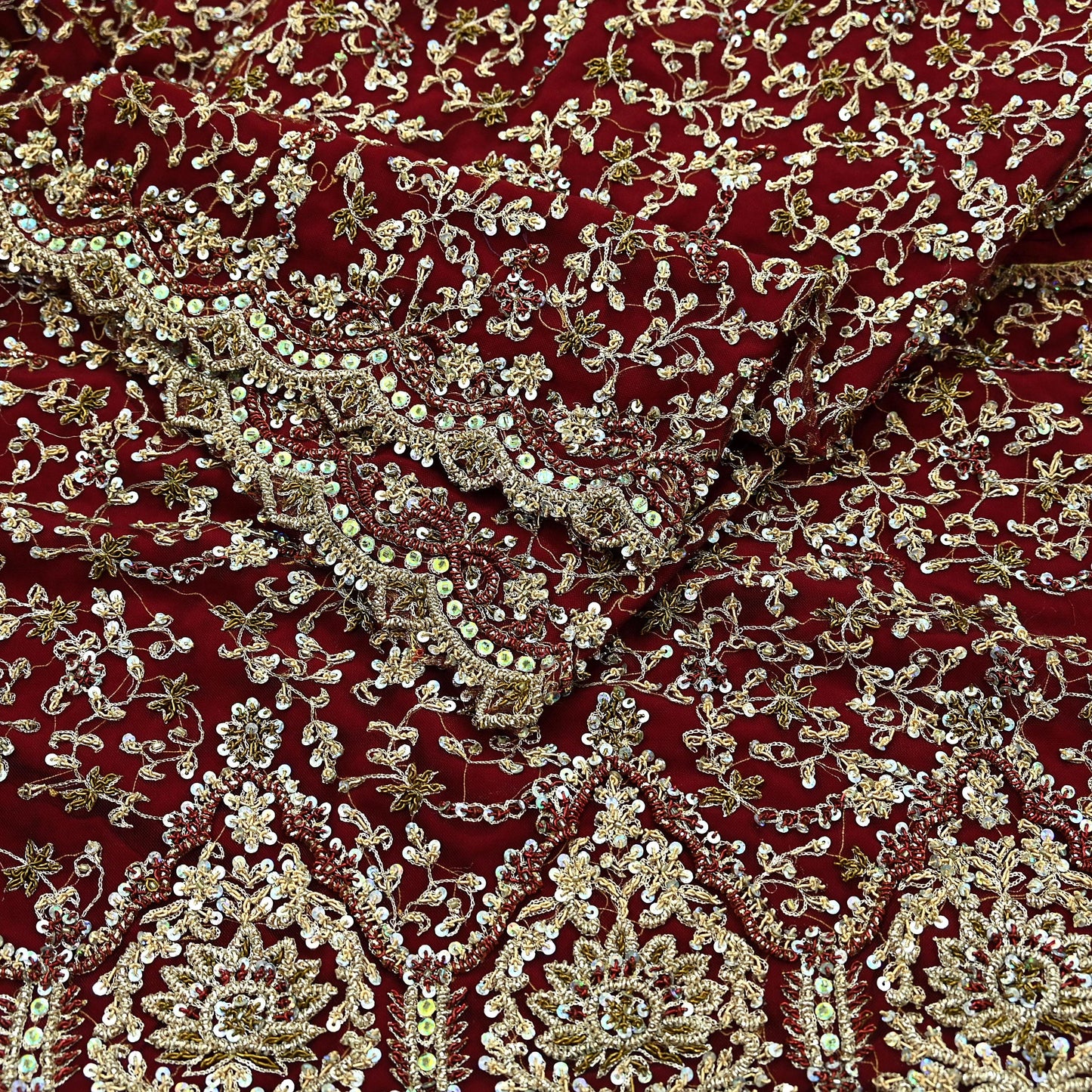 Indian Vintage Heavy Wedding Maroon Dupatta Net Mesh Long Stole Hand Embroidered Scarves Golden Zardozi Zari Sequins Dridal Veil Hijab