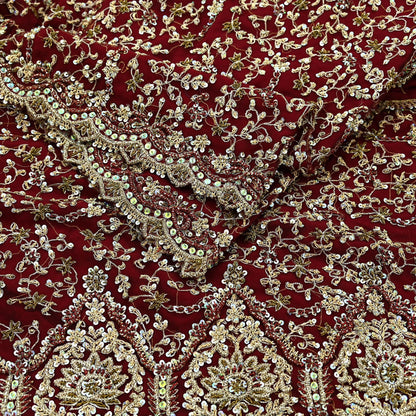 Indian Vintage Heavy Wedding Maroon Dupatta Net Mesh Long Stole Hand Embroidered Scarves Golden Zardozi Zari Sequins Dridal Veil Hijab