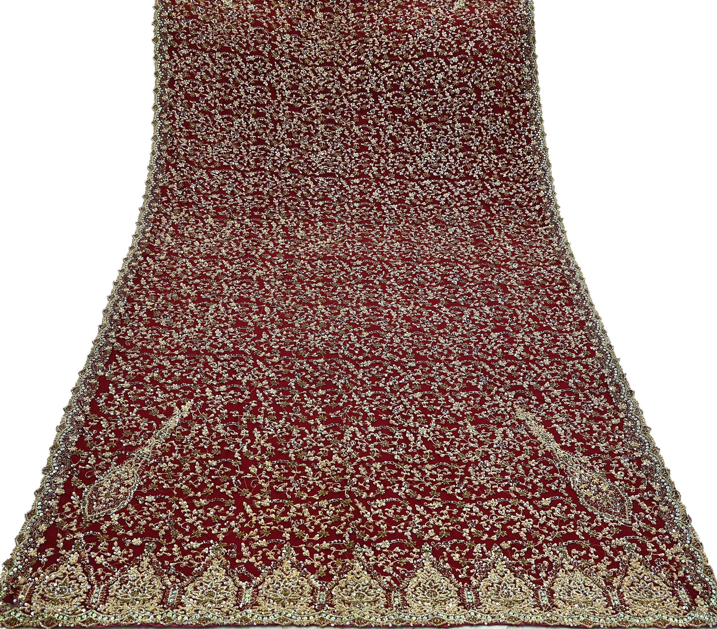 Indian Vintage Heavy Wedding Maroon Dupatta Net Mesh Long Stole Hand Embroidered Scarves Golden Zardozi Zari Sequins Dridal Veil Hijab