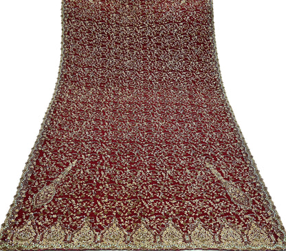 Indian Vintage Heavy Wedding Maroon Dupatta Net Mesh Long Stole Hand Embroidered Scarves Golden Zardozi Zari Sequins Dridal Veil Hijab