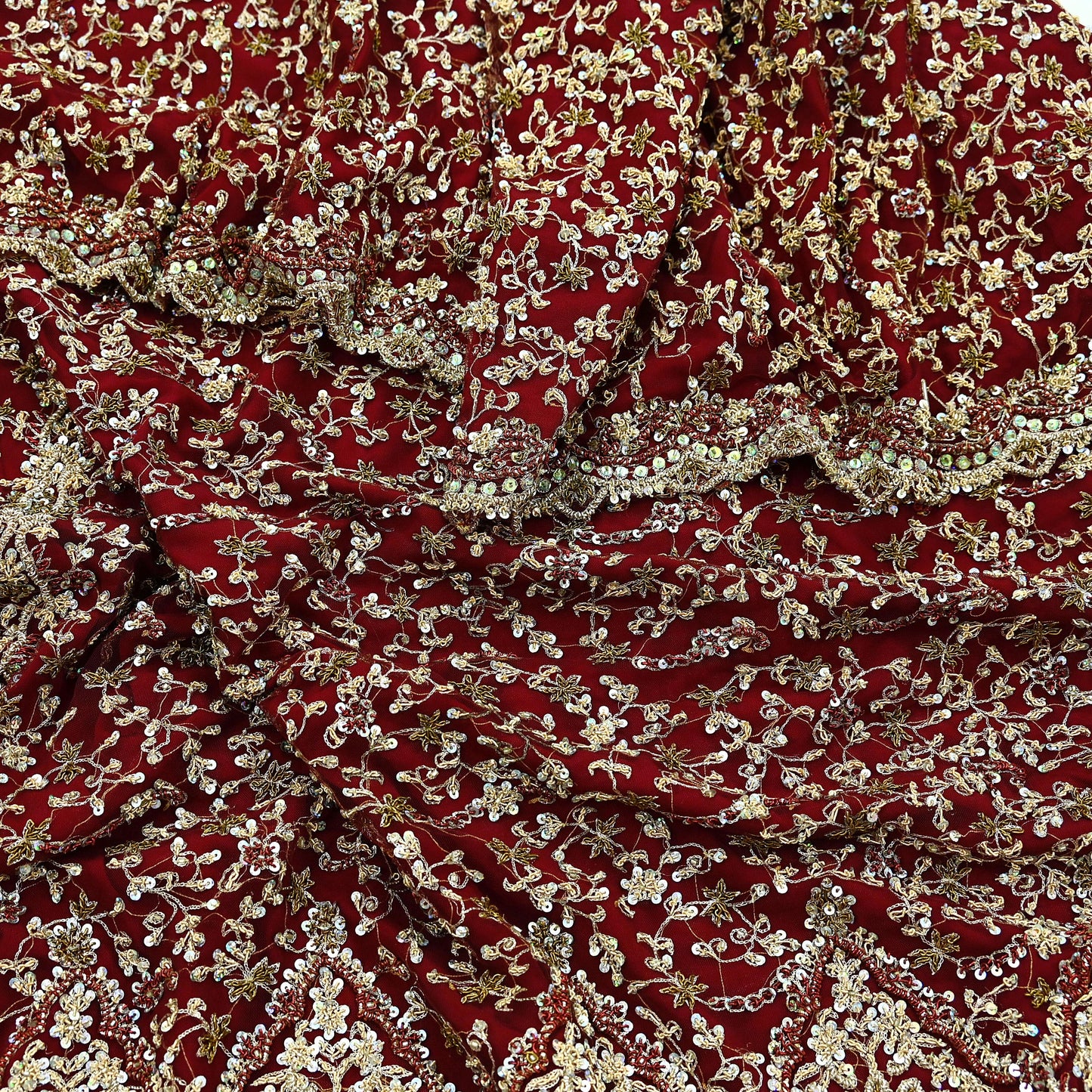 Indian Vintage Heavy Wedding Maroon Dupatta Net Mesh Long Stole Hand Embroidered Scarves Golden Zardozi Zari Sequins Dridal Veil Hijab