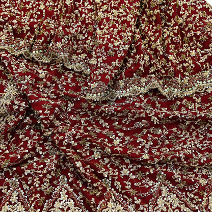 Indian Vintage Heavy Wedding Maroon Dupatta Net Mesh Long Stole Hand Embroidered Scarves Golden Zardozi Zari Sequins Dridal Veil Hijab