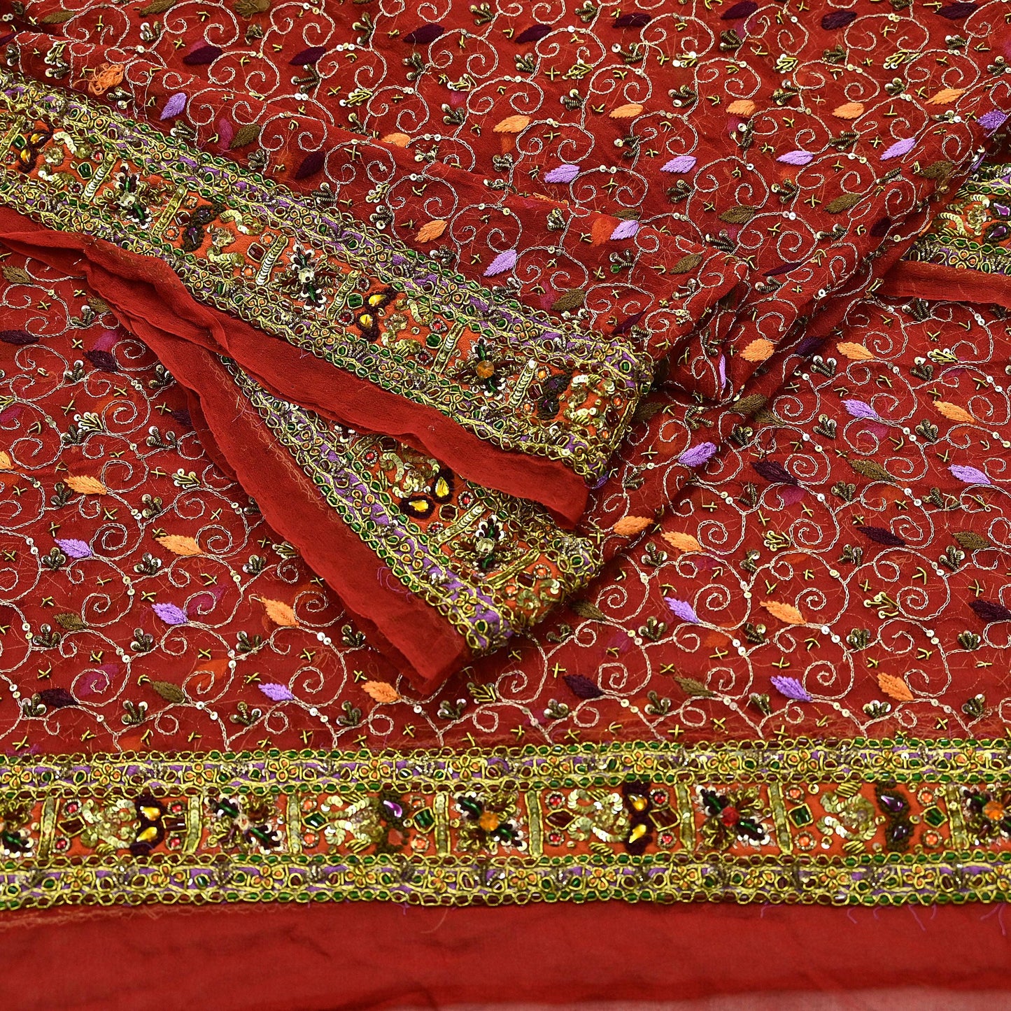 Indian Vintage Heavy Bridal Orange Dupatta Pure Georgette Silk Long Stole Hand Embroidered Scarf Zardozi/Dabka Wedding red Hijab veil Boho
