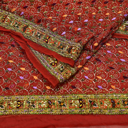 Indian Vintage Heavy Bridal Orange Dupatta Pure Georgette Silk Long Stole Hand Embroidered Scarf Zardozi/Dabka Wedding red Hijab veil Boho
