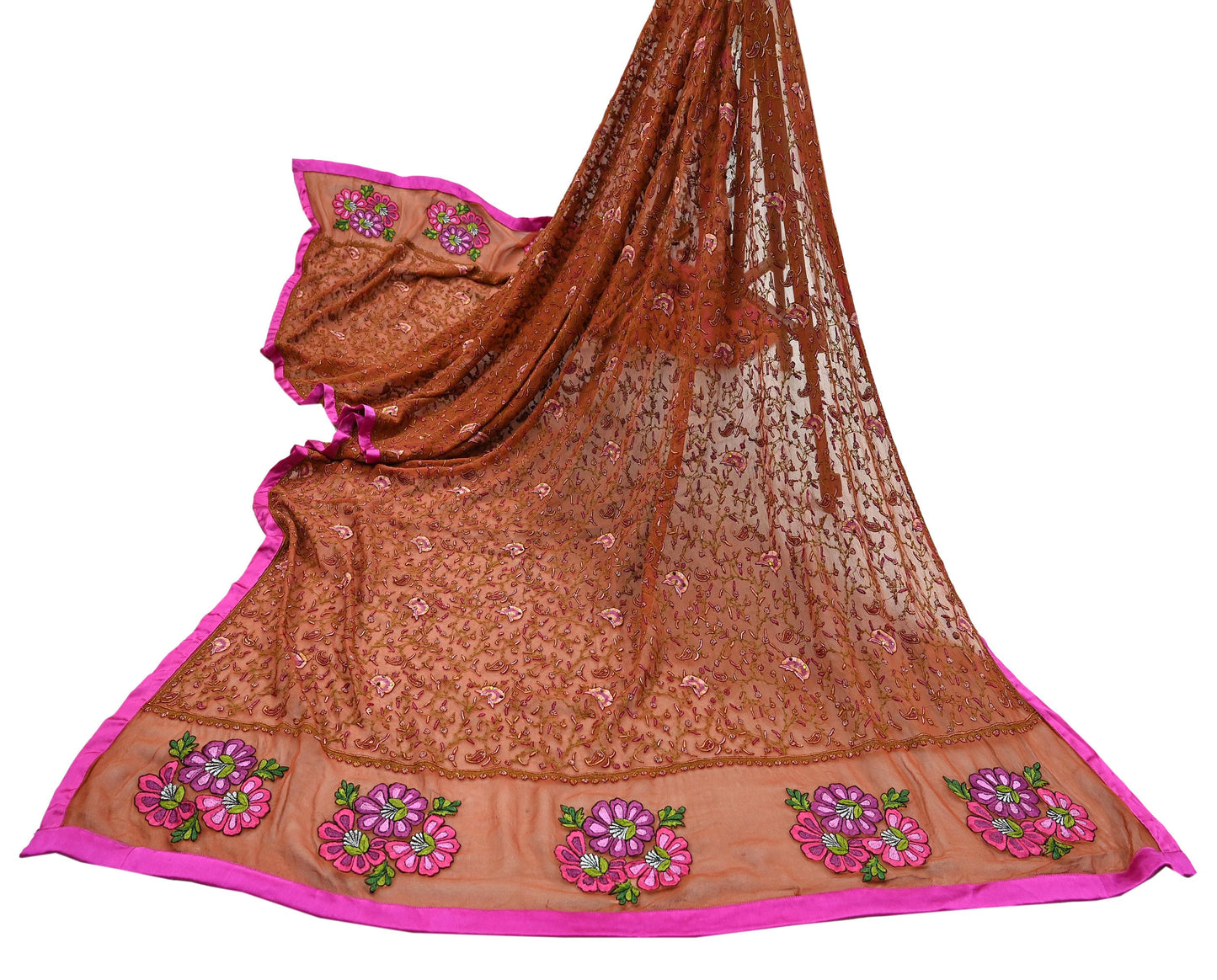 Indian Vintage Dupatta Rusty Long Stole Hand Embroidered Suzani stole Pure Georgette Silk Scarves Veil Wrap Soft Floral