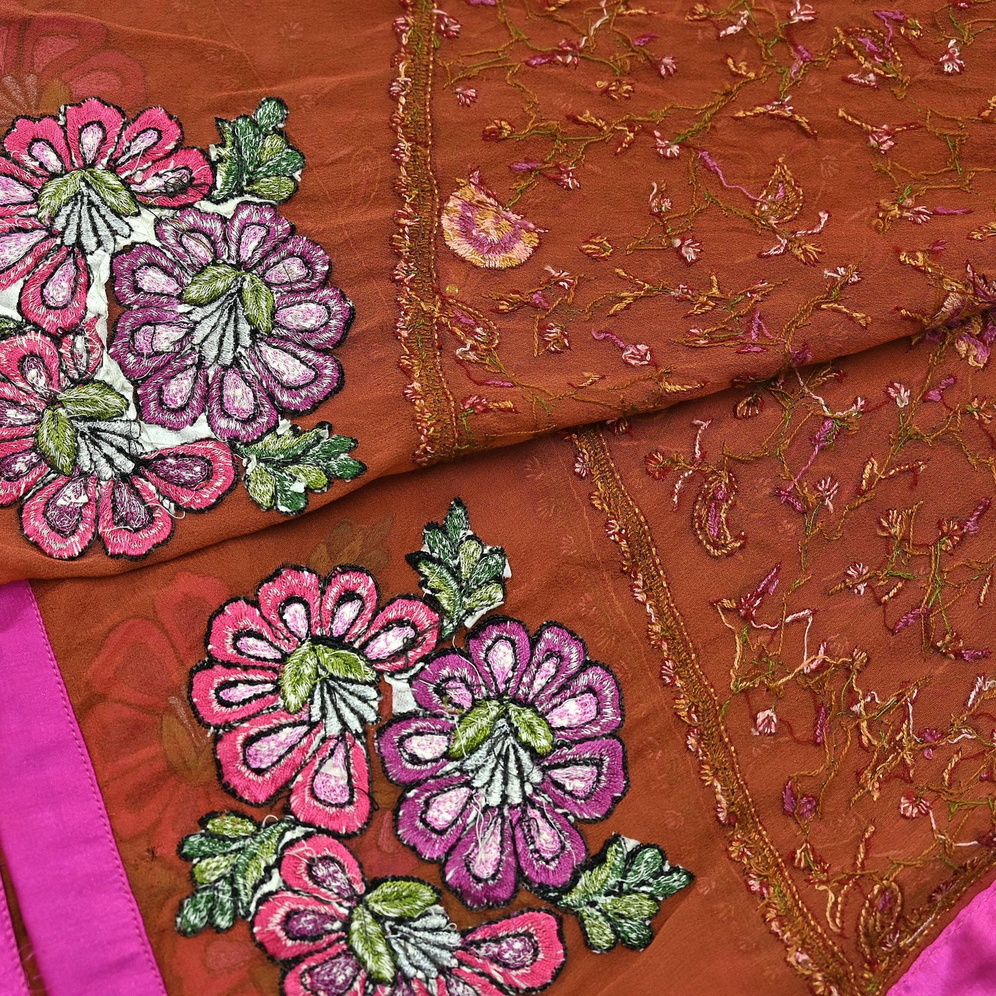 Indian Vintage Dupatta Rusty Long Stole Hand Embroidered Suzani stole Pure Georgette Silk Scarves Veil Wrap Soft Floral