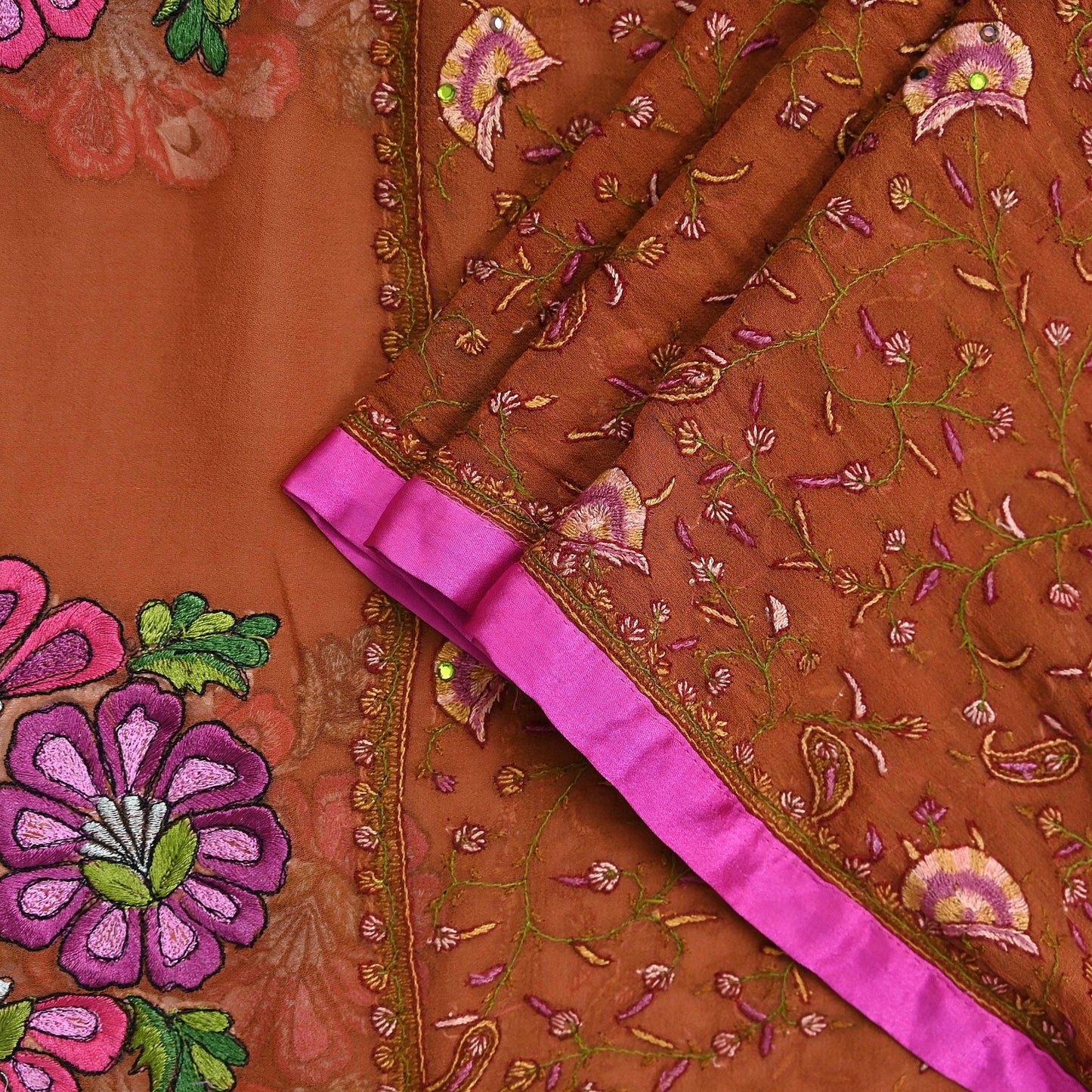 Indian Vintage Dupatta Rusty Long Stole Hand Embroidered Suzani stole Pure Georgette Silk Scarves Veil Wrap Soft Floral