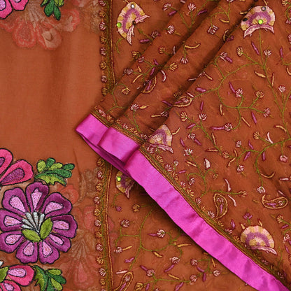 Indian Vintage Dupatta Rusty Long Stole Hand Embroidered Suzani stole Pure Georgette Silk Scarves Veil Wrap Soft Floral