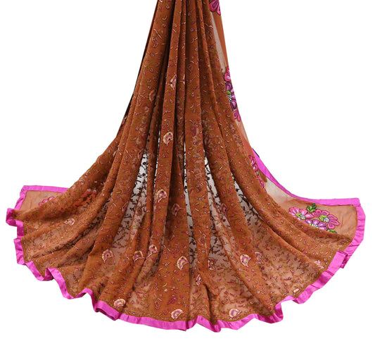 Indian Vintage Dupatta Rusty Long Stole Hand Embroidered Suzani stole Pure Georgette Silk Scarves Veil Wrap Soft Floral