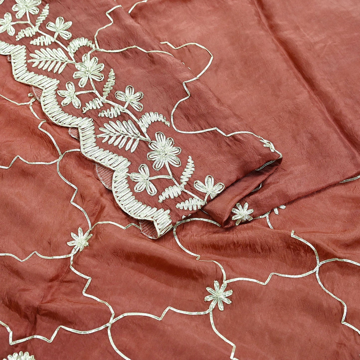 Indian Vintage Heavy Sarees Brown Blend Silk Hand Embroidered Sari Craft Fabric 5Yd Sewing Gota Patti  Dress making With Blouse Fabric