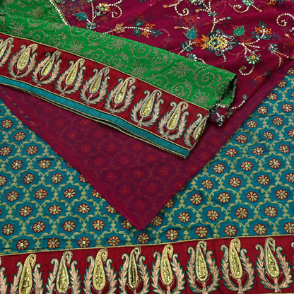 Indian Vintage Heavy Sari Red & Green Net/Georgette Silk Hand Embroidered Sarees Craft Fabric 5Yd Sewing Soft  Zardozi With Blouse fabric