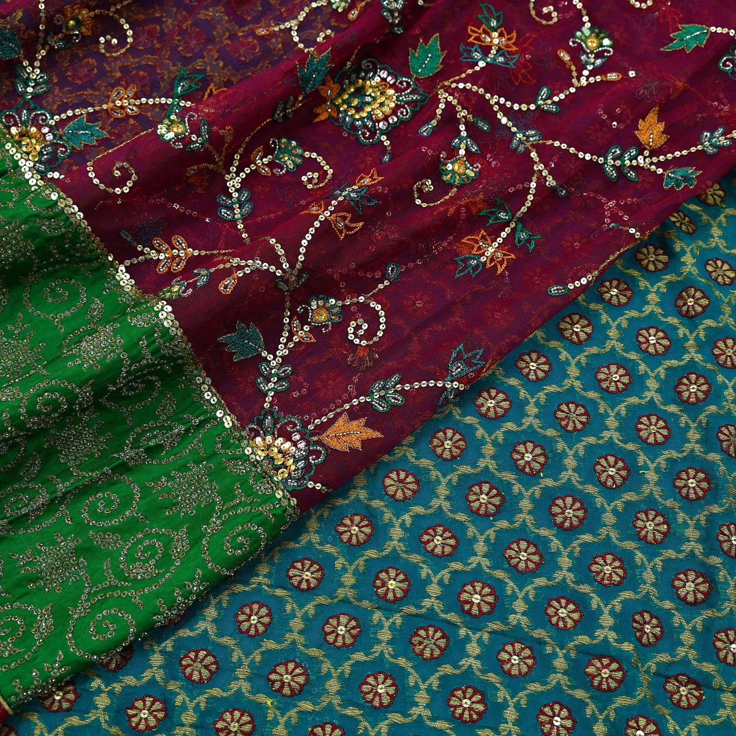 Indian Vintage Heavy Sari Red & Green Net/Georgette Silk Hand Embroidered Sarees Craft Fabric 5Yd Sewing Soft  Zardozi With Blouse fabric