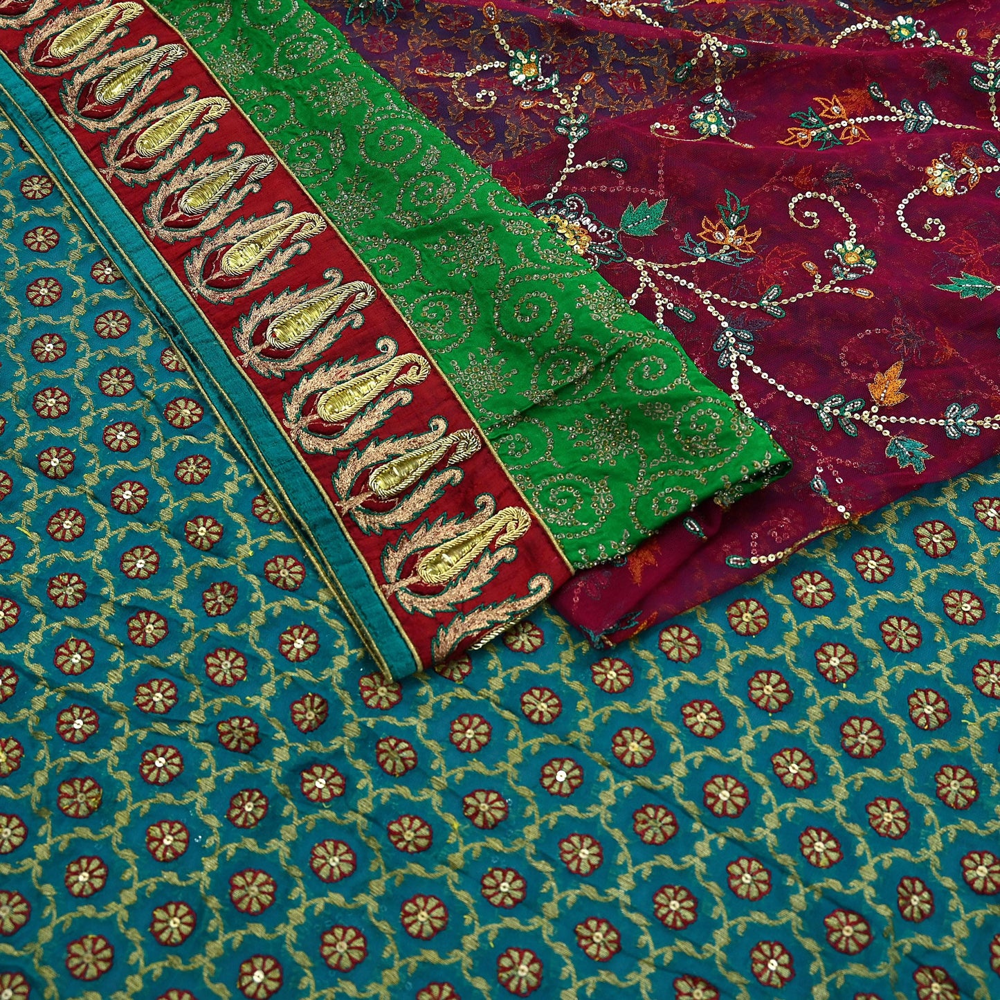 Indian Vintage Heavy Sari Red & Green Net/Georgette Silk Hand Embroidered Sarees Craft Fabric 5Yd Sewing Soft  Zardozi With Blouse fabric