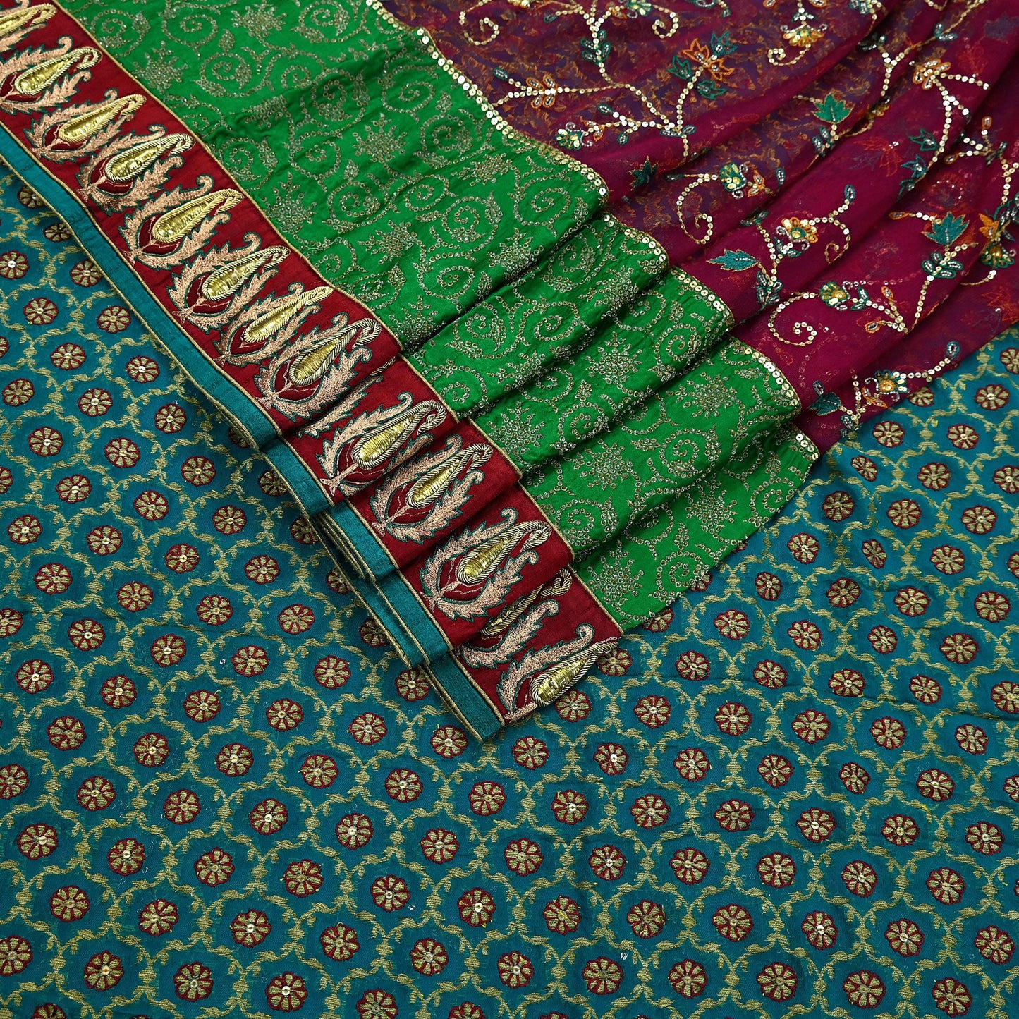 Indian Vintage Heavy Sari Red & Green Net/Georgette Silk Hand Embroidered Sarees Craft Fabric 5Yd Sewing Soft  Zardozi With Blouse fabric