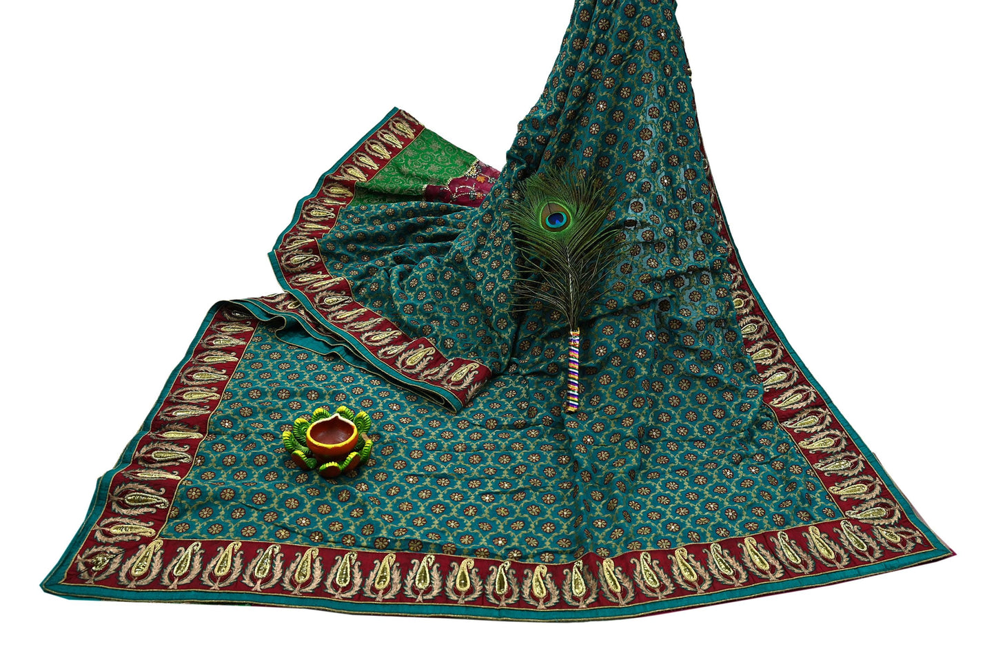 Indian Vintage Heavy Sari Red & Green Net/Georgette Silk Hand Embroidered Sarees Craft Fabric 5Yd Sewing Soft  Zardozi With Blouse fabric