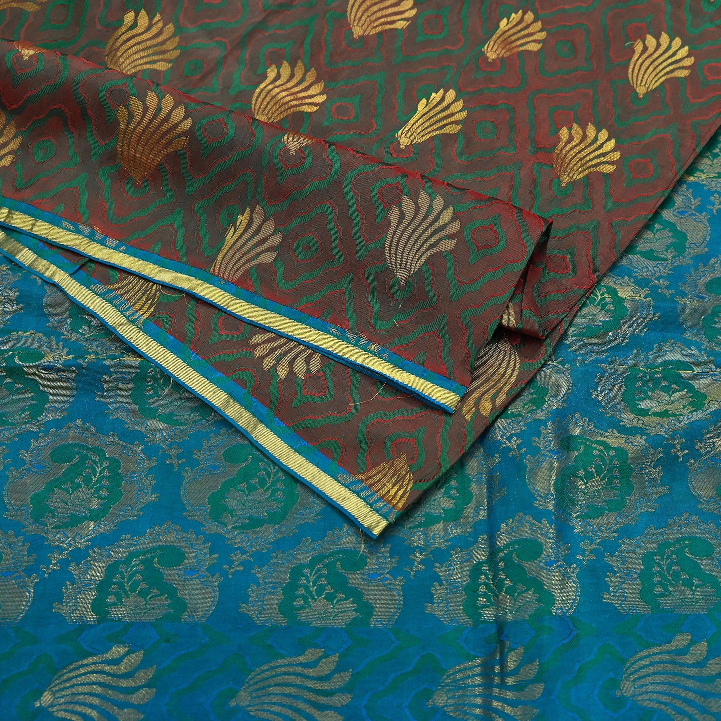 Indian Vintage Heavy Sari Green & Blue Kanjivaram Saree 100% Pure Silk Zari 5Yd Crafting Dress making For Crafting Quilting Upcycle