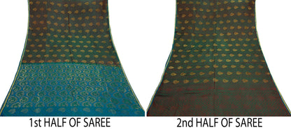 Indian Vintage Heavy Sari Green & Blue Kanjivaram Saree 100% Pure Silk Zari 5Yd Crafting Dress making For Crafting Quilting Upcycle