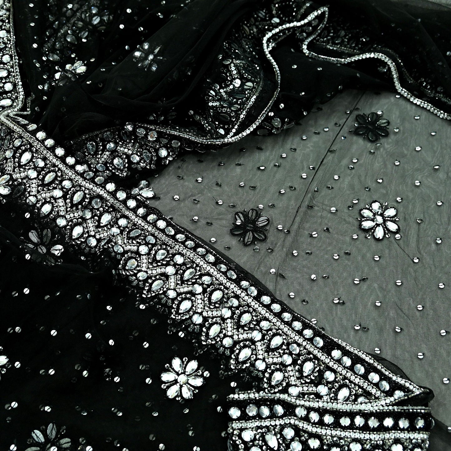 Indian Heavy Sari Black Net/Mesh Hand Embroidered Sarees Craft Fabric 6Yd Sewing Soft Zardozi Wedding sarees With Blouse fabric