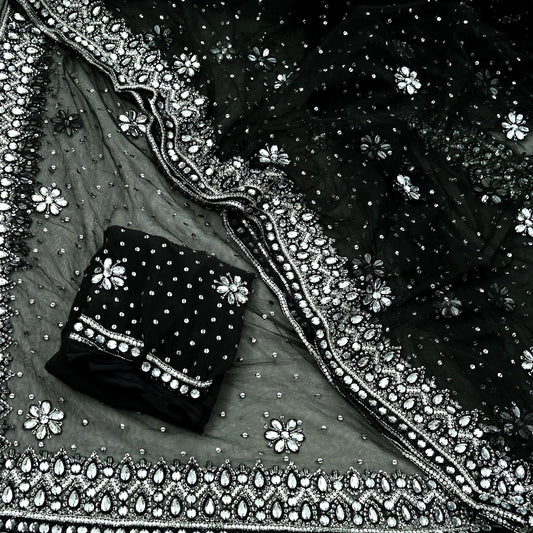 Indian Heavy Sari Black Net/Mesh Hand Embroidered Sarees Craft Fabric 6Yd Sewing Soft Zardozi Wedding sarees With Blouse fabric