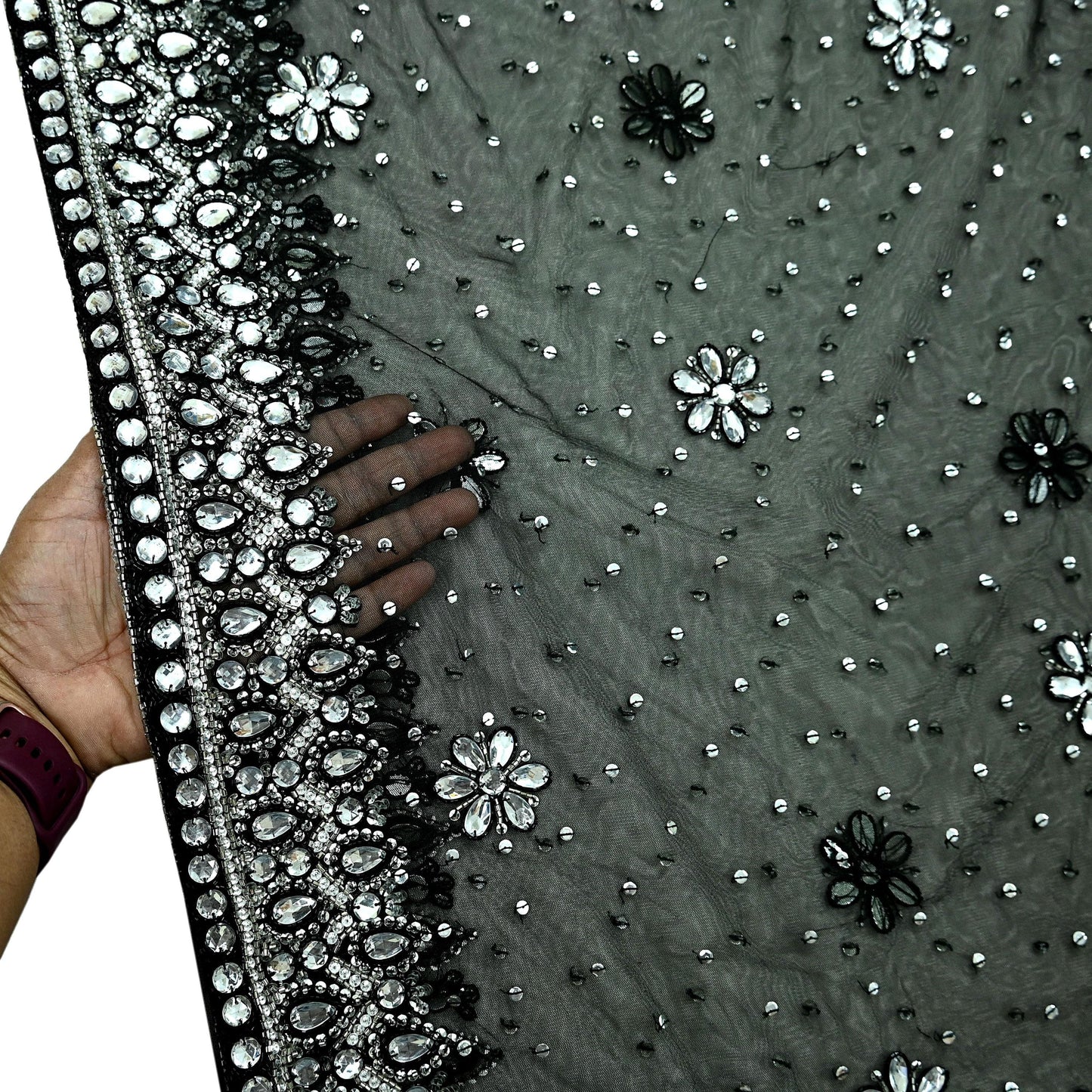 Indian Heavy Sari Black Net/Mesh Hand Embroidered Sarees Craft Fabric 6Yd Sewing Soft Zardozi Wedding sarees With Blouse fabric