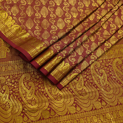 Vintage Heavy Sari Maroon Hand Woven Kanjivaram Artificial Silk Sarees Zari 5Yd Floral Craft Fabric Dress making Crafting Quilting
