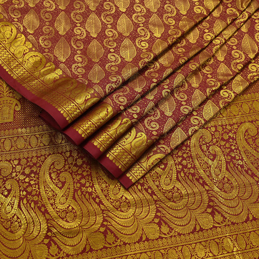 Vintage Heavy Sari Maroon Hand Woven Kanjivaram Artificial Silk Sarees Zari 5Yd Floral Craft Fabric Dress making Crafting Quilting