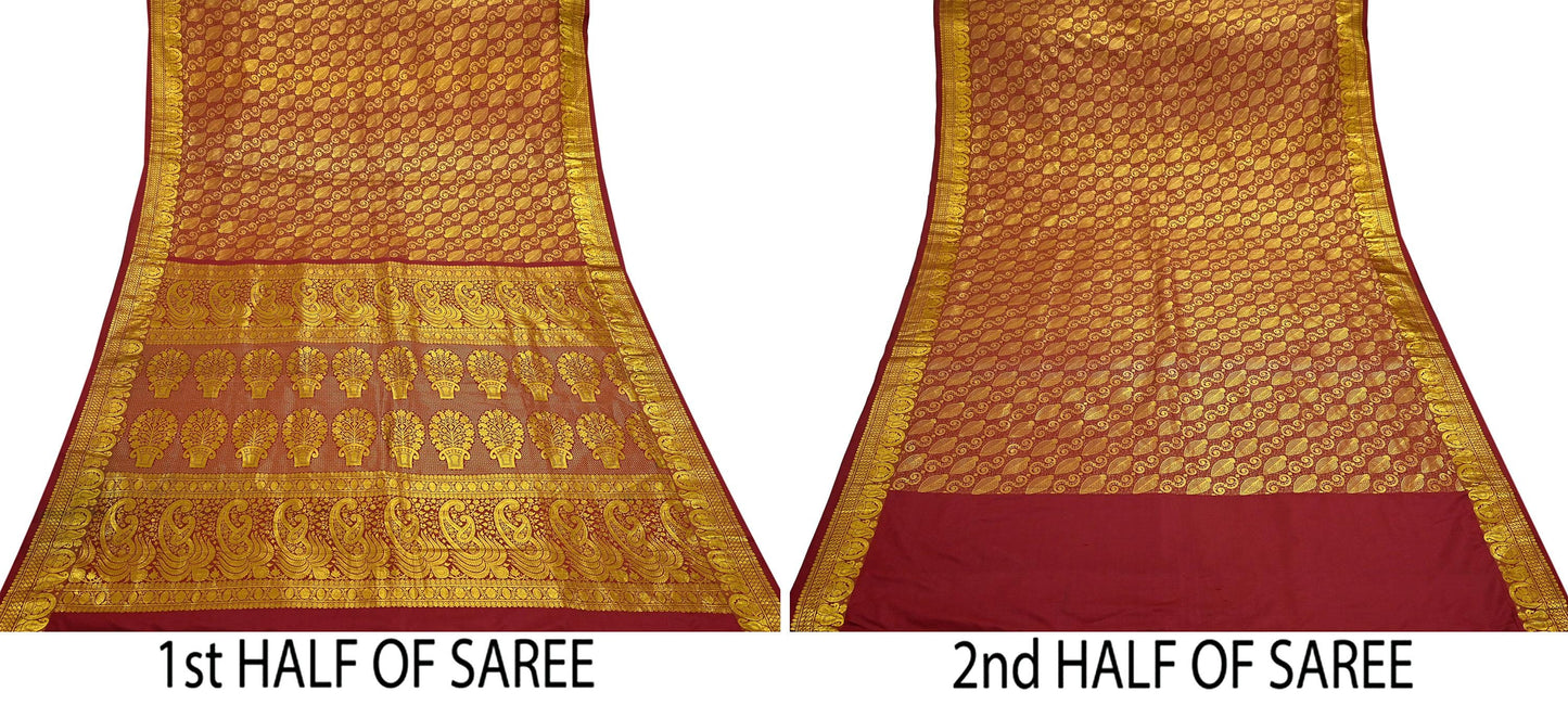 Vintage Heavy Sari Maroon Hand Woven Kanjivaram Artificial Silk Sarees Zari 5Yd Floral Craft Fabric Dress making Crafting Quilting