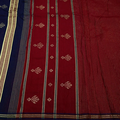 Indian Vintage Sarees Blue & Maroon Pure Cotton Hand Woven Sari 5yd Ethnic Floral Craft Fabric Dress making Upcycle Crafting Quilting Zari