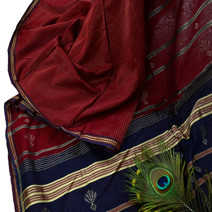 Indian Vintage Sarees Blue & Maroon Pure Cotton Hand Woven Sari 5yd Ethnic Floral Craft Fabric Dress making Upcycle Crafting Quilting Zari