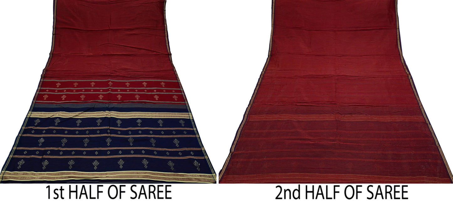 Indian Vintage Sarees Blue & Maroon Pure Cotton Hand Woven Sari 5yd Ethnic Floral Craft Fabric Dress making Upcycle Crafting Quilting Zari