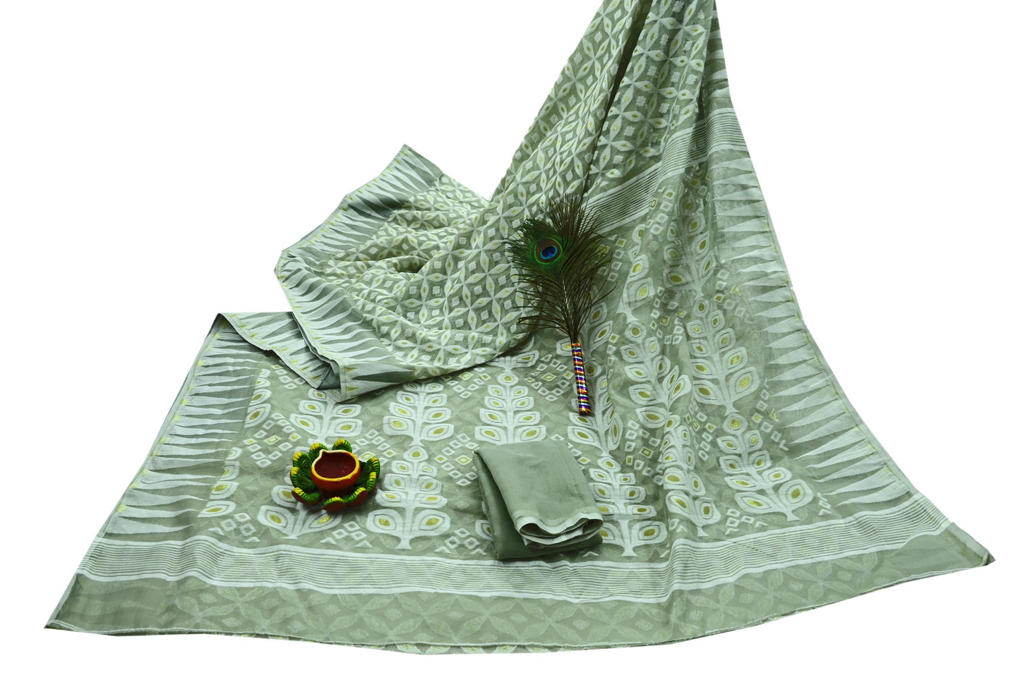 Indian Vintage Sarees Gray Cotton Hand Woven Jamdani Sari 5yd Ethnic Floral Craft Fabric Dress making Upcycle Crafting Quilting