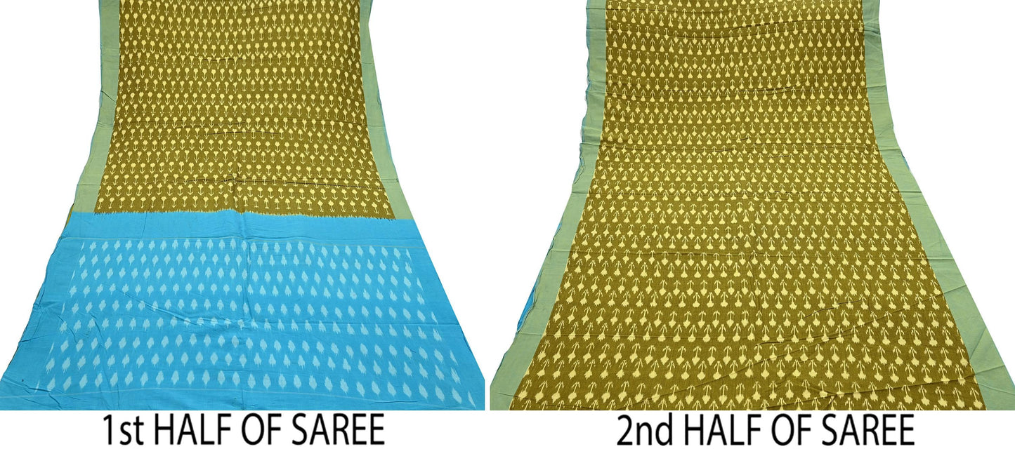 Indian Vintage Blue & Green Saree Ikat Printed Pure Cotton Sari Craft Fabric 5Yd Sewing Sarong Wrap Boho Dress Making Quilting Upcycle