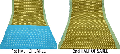 Indian Vintage Blue & Green Saree Ikat Printed Pure Cotton Sari Craft Fabric 5Yd Sewing Sarong Wrap Boho Dress Making Quilting Upcycle